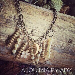 CRESCENT MOON JASPER +Rustic Gold and Cream Necklace